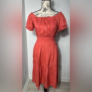 Bohemian-Style,Off-the-Shoulder, Coral Midi Dress